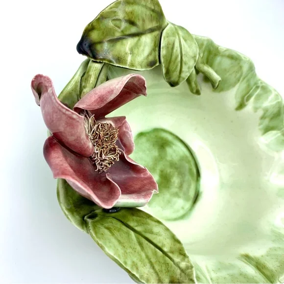 Vintage Majolica Pottery Bowl 8” Green Leaves Pink Capodimonte Raised Flower - Picture 10 of 16